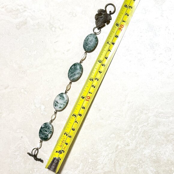 2/$20, Genuine Tree Agate Bracelet, Natural Green Gemstone & Bronze Grape Leaf - Picture 9 of 13